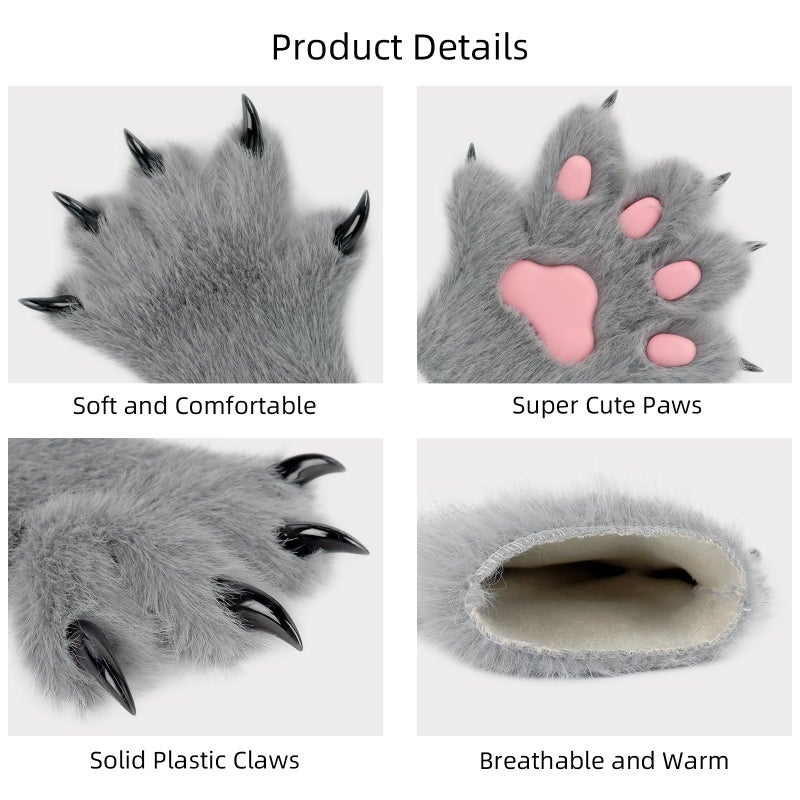 HAOAN Wolf Paw Gloves Faux Fur Cat Fingerless Mittens Winter Warm Cosplay Halloween Fancy Party Costume Accessories (gray01) - Image 3